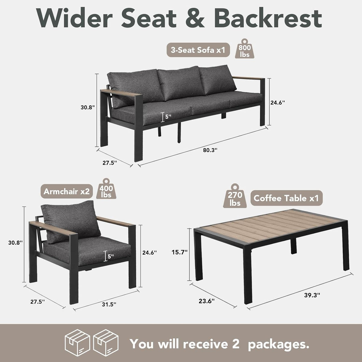 Patio Furniture Set 5 Seats and Coffee Table, Patio Conversation Set with Washable Thick Cushions, Deluxe Aluminum Modern outside Sectional for Porch, Balcony, Deck, Yard, Dark Gray
