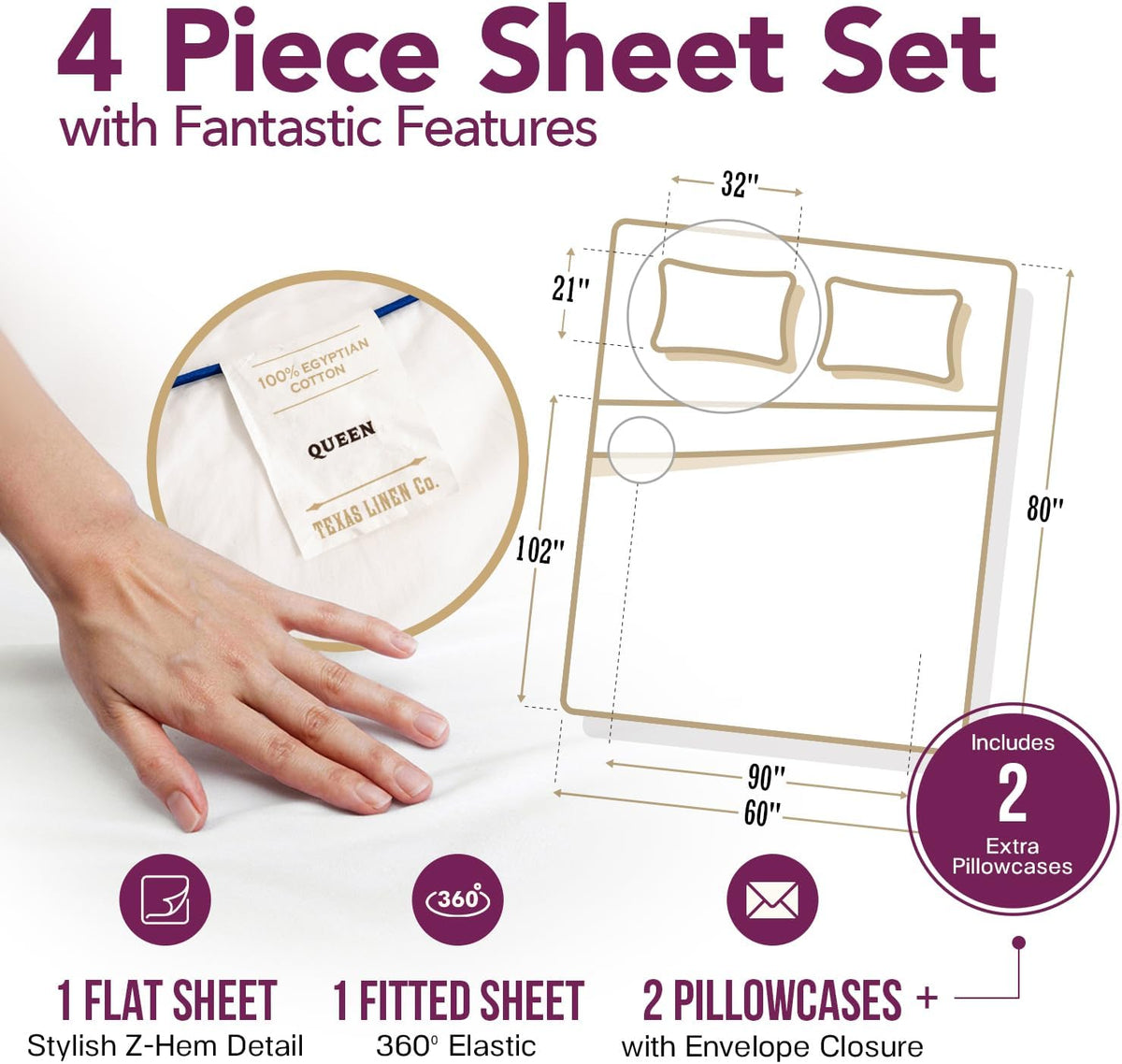 Egyptian Cotton Sheets Queen Size Set - Luxury 1200 Series High Thread Count Egyptian Cotton Queen Sheets (4 PC, White), 17" Deep Pocket, Soft Hotel Bedding - Star Sleepin' Collection
