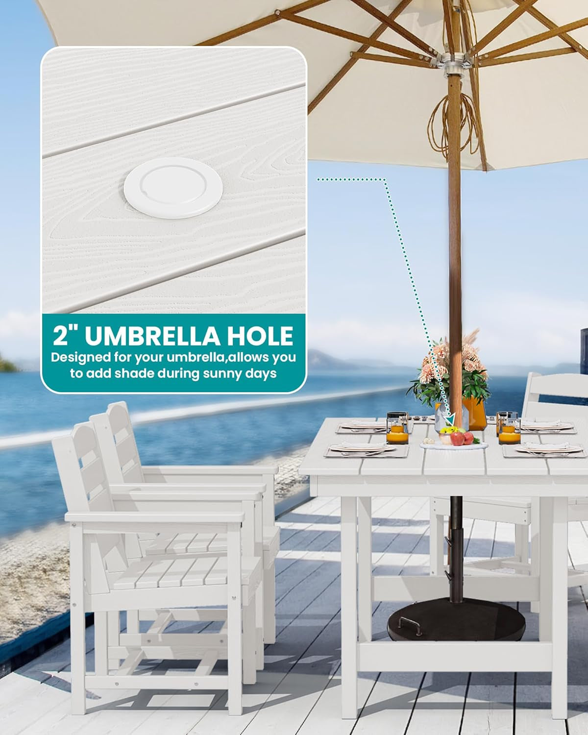 7 Pcs Outdoor Dining Set, 67" HDPE Dining Set for 6, White