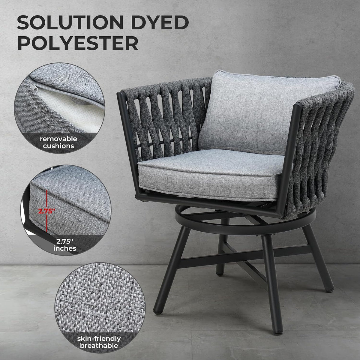 Swivel Dining Chairs Set of 2, Rope Patio Outdoor Chairs with Cushions, Heavy Duty Outdoor Patio Bistro Chairs for Lawn,Garden,Deck,Backyard,Porch and Balcony, Light Gray