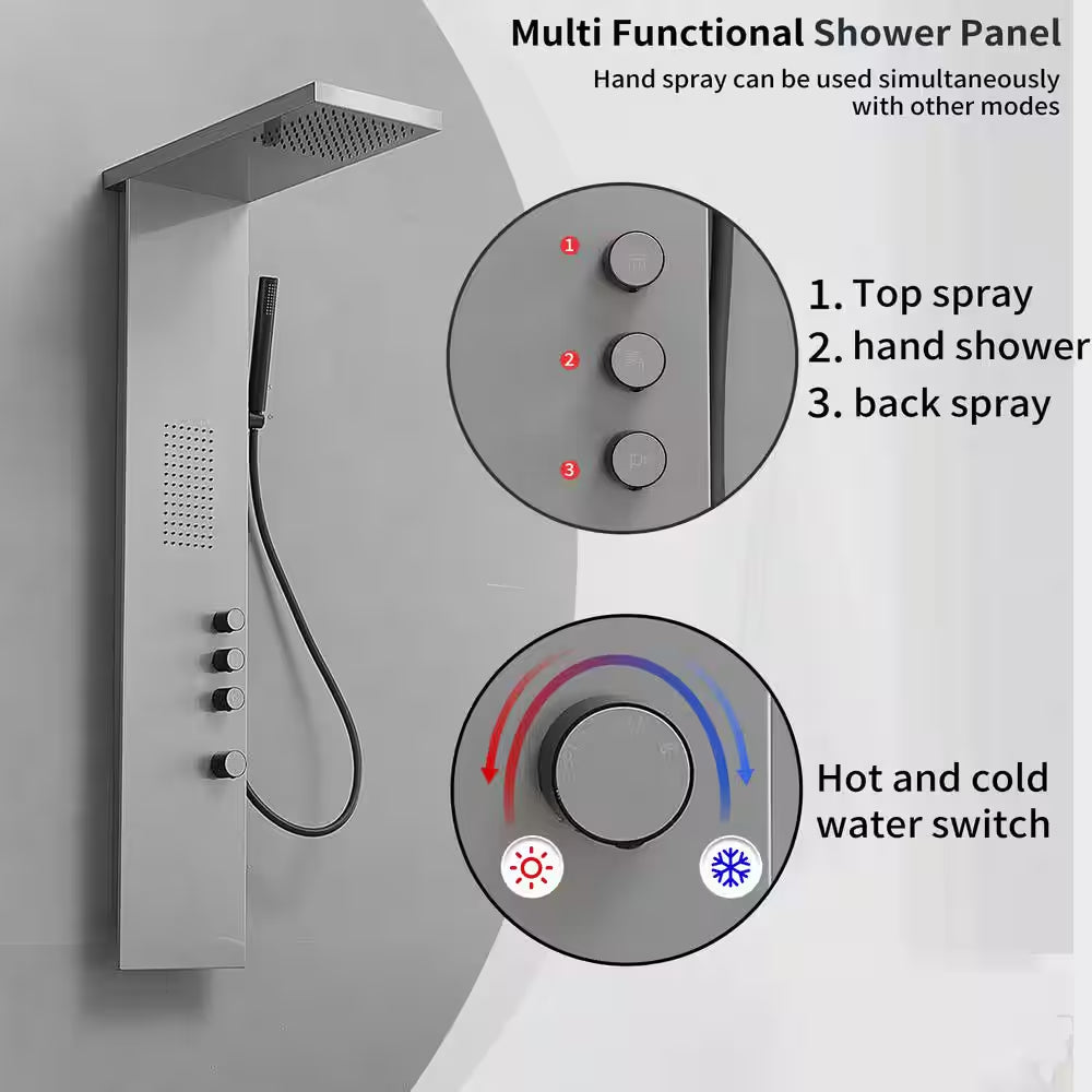 1-Jet Rainfall Shower Tower Shower Panel System with Rainfall Waterfall Shower Head and Shower Wand in Brushed Nickel