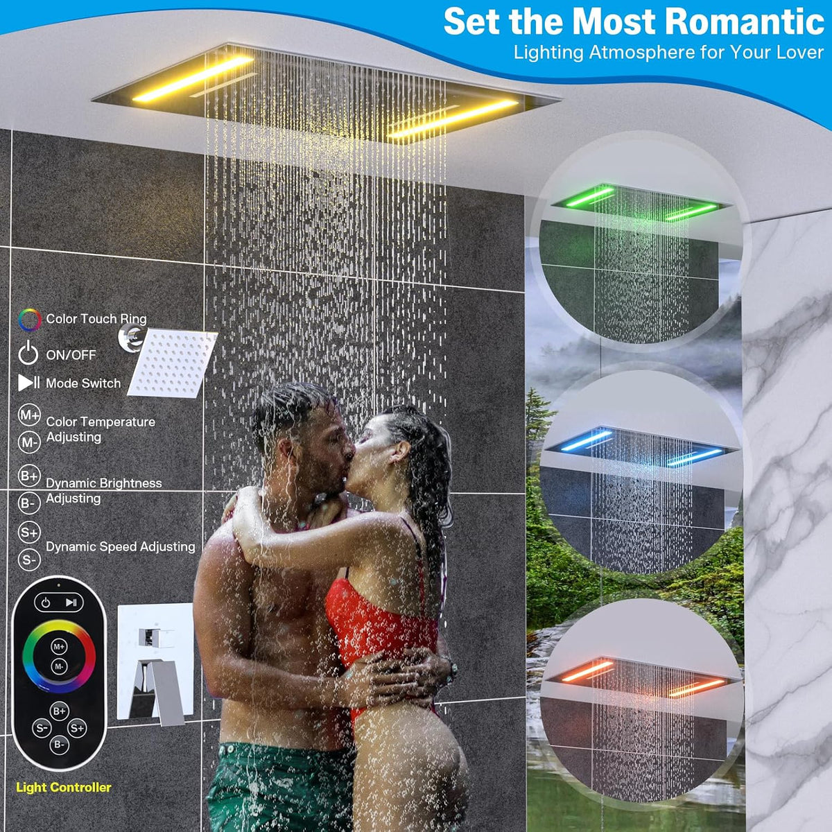 Dual Rain Shower Head System, 2 in 1 Functions Ceiling Mount 14X20Inch LED Shower Head with 6 Inch Shower Head, Rainfall Waterfall Shower Faucet Set, Chrome