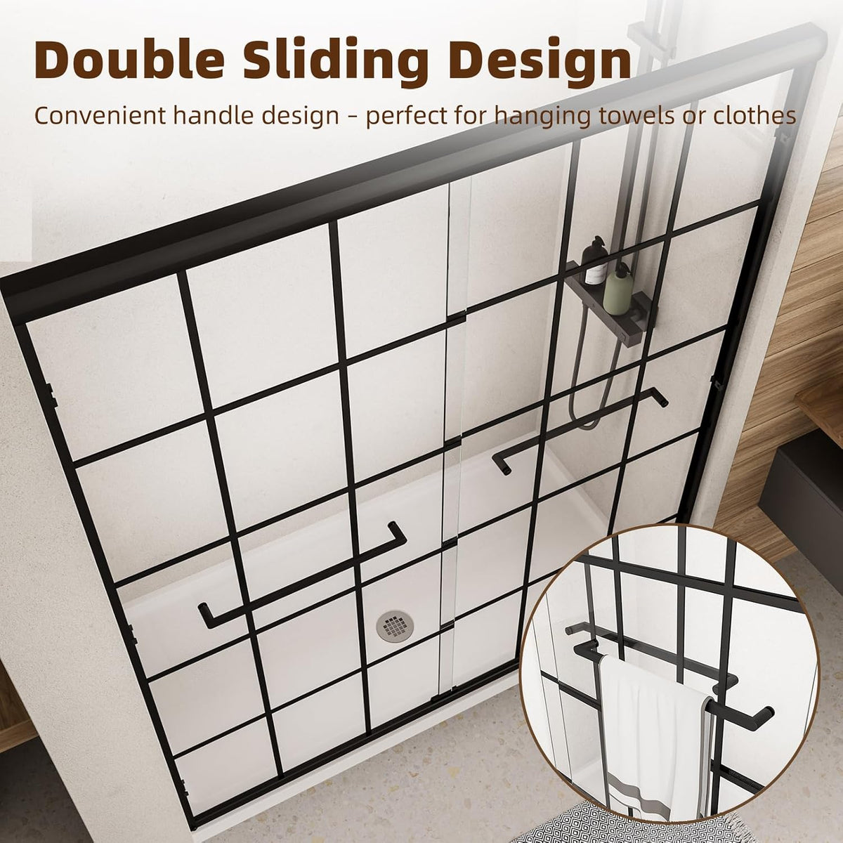 Double Sliding Shower Door,56-60" W X 72" H,Grid Pattern