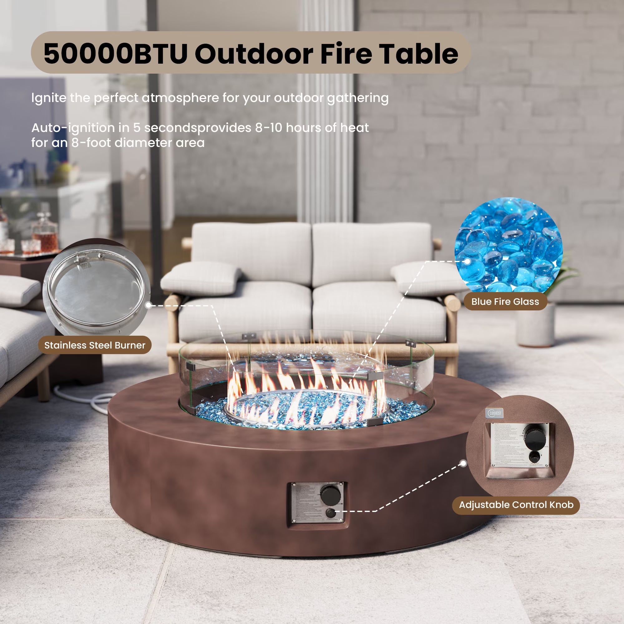 41''Round Fire Pit Table,50000 BTU Outdoor Propane Patio Fire Pit