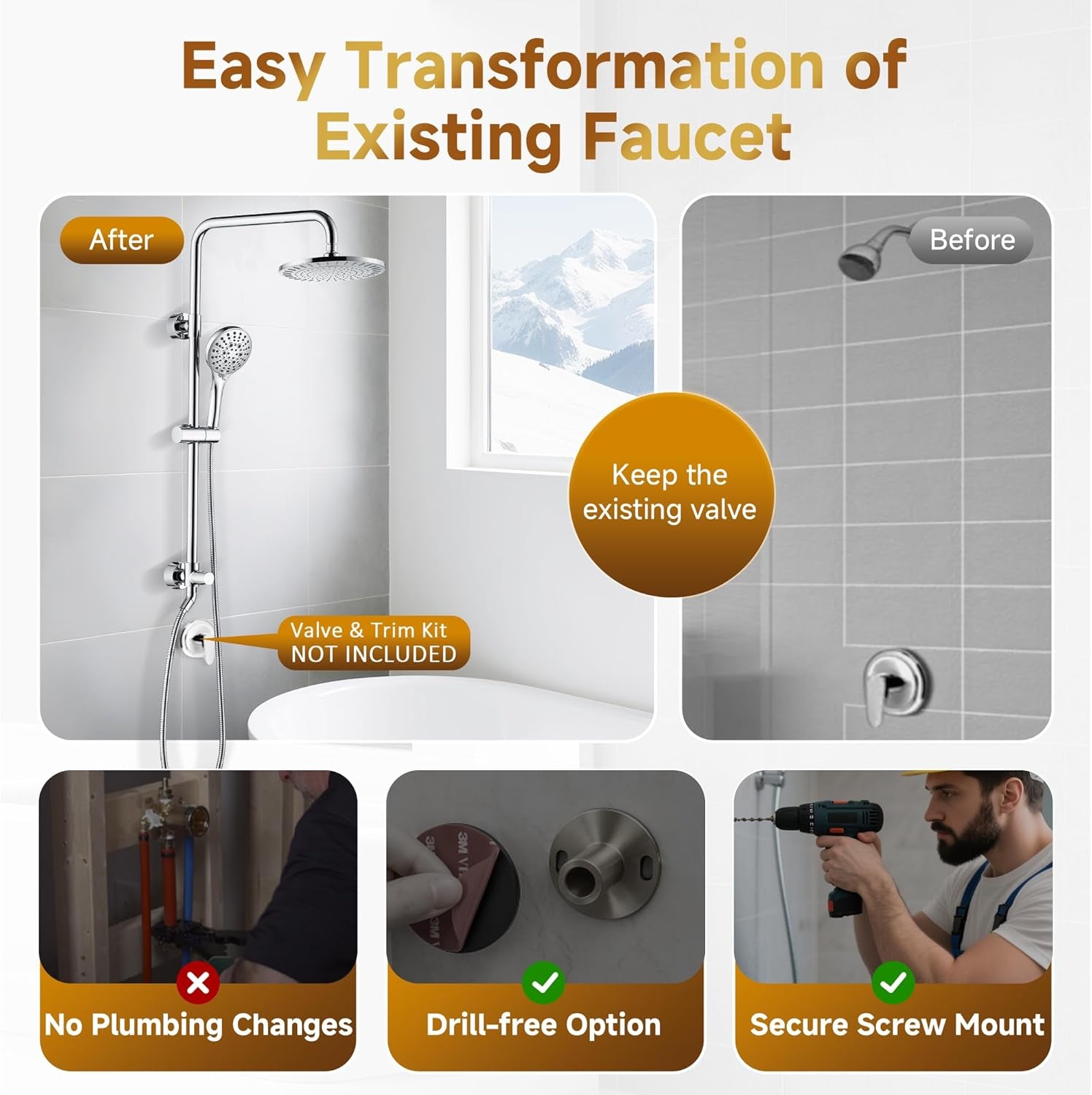 Rain Shower Heads System Including Rainfall Shower Head and Handheld Shower Head with Height Adjustable Holder, Solid Brass Rail, 60 Inch Long Stainless Steel Shower Hose, Chrome