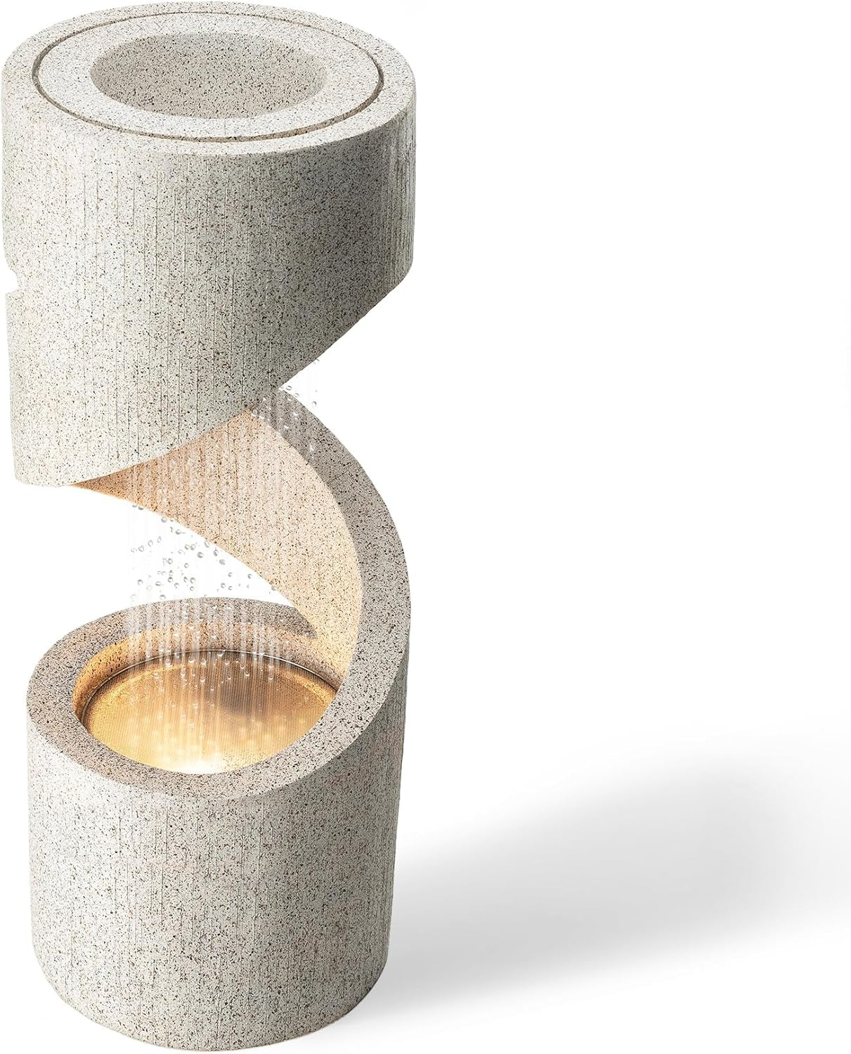 Outdoor Water Fountain with LED Light, Decorative Tiered Curved Waterfall Fountain with Stone Planter, Faux Terrazzo Spiral Shaped Outdoor Fountains for Garden Deck Patio Porch, 31.25”H