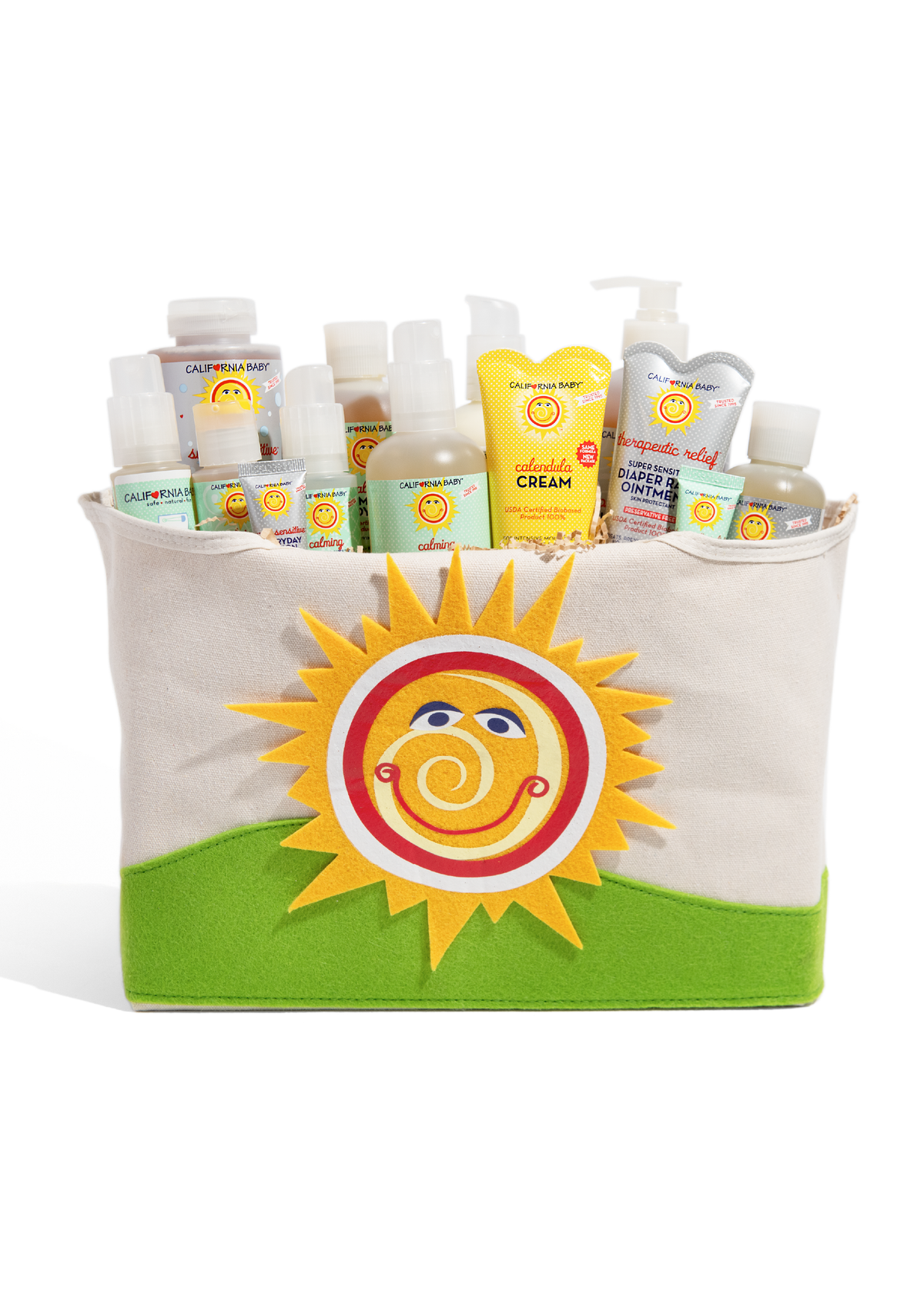 Cream Sunface Caddy filled with baby care bottles and yellow felt sun applique