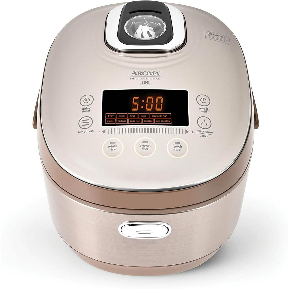Champagne-colored Aroma rice cooker with digital display showing 5:00 and touch controls for white, brown, and quick rice