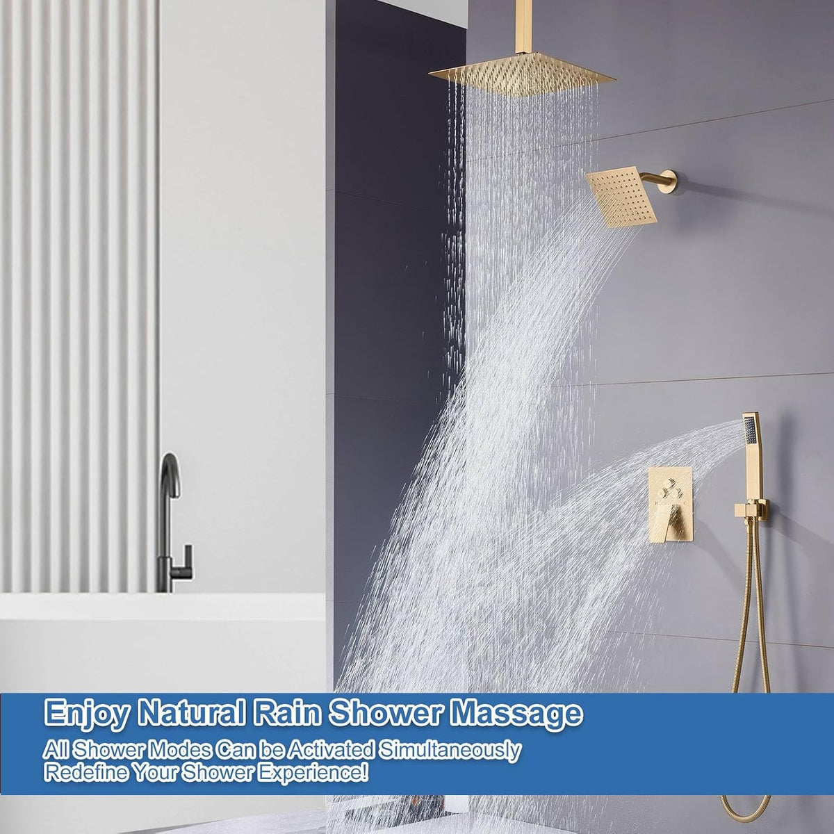 Dual Shower Head System Brushed Gold 12" Ceiling Mount Rainfall Shower and 6" Wall Mounted Shower Head System with Handheld Spray, Push Button Diverter Shower Faucet Set, Can All Run Together