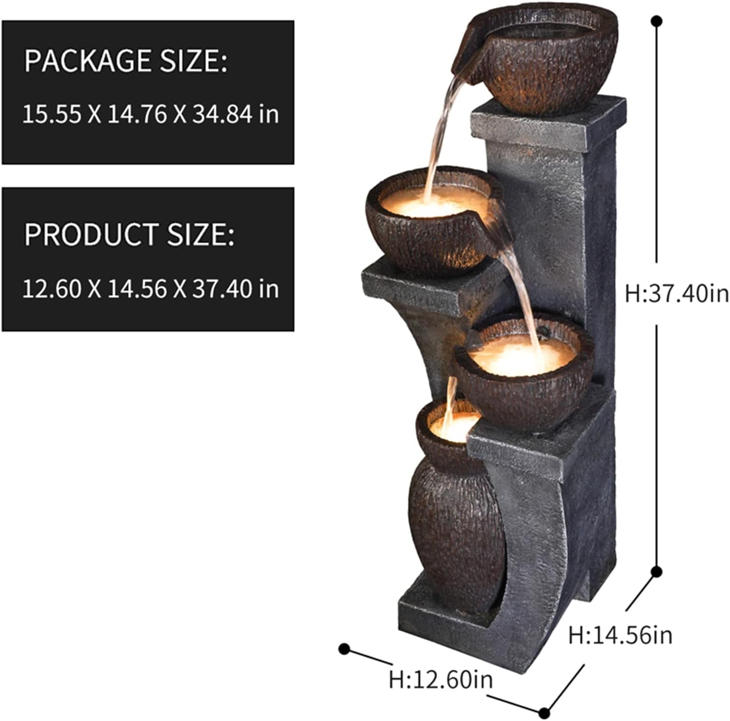 37.4" H Water Fountain Outdoor 4-Crocks Modern Garden Fountains