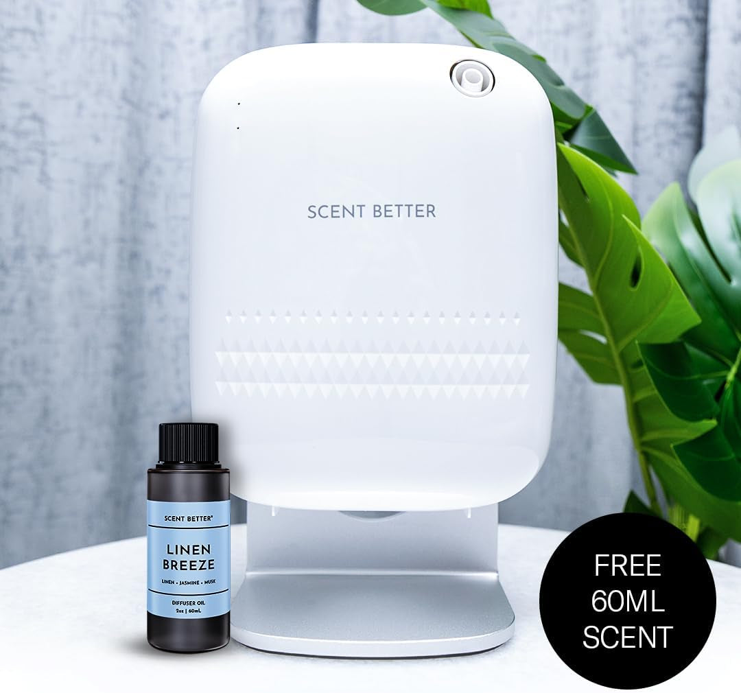 Scent Better Pro - Smart Bluetooth Essential Oil Diffuser for Home, Hotel, Spa, Office, Waterless - Includes Free Linen Breeze - White