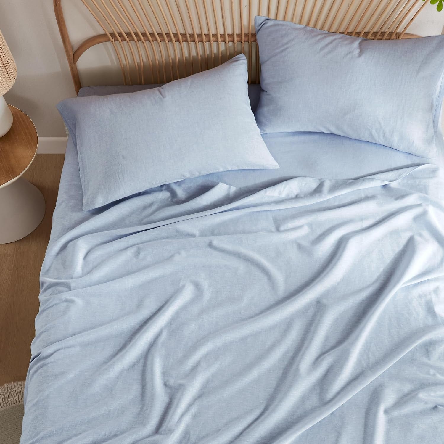 Luxurious Linen Cotton Sheet Set, Organic Linen Blend Bed Sheets - 15 Inches Deep Pocket, 4 Pcs French Flax Linen Bedding Set for All Seasons (King, Blue)