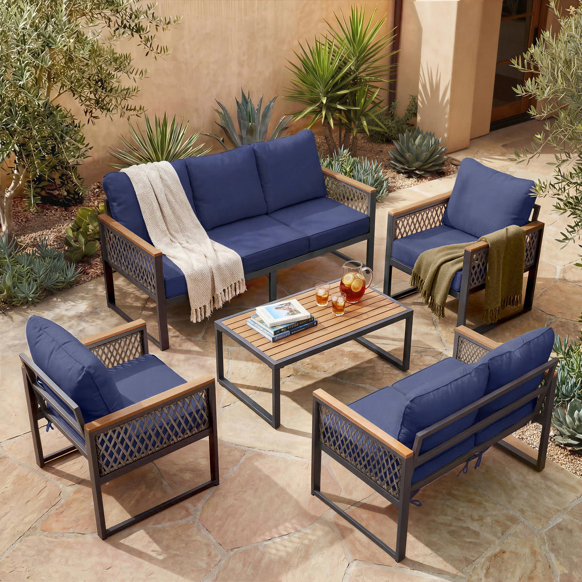 5 -Piece Patio Conversation Set with Beige Cushions Included