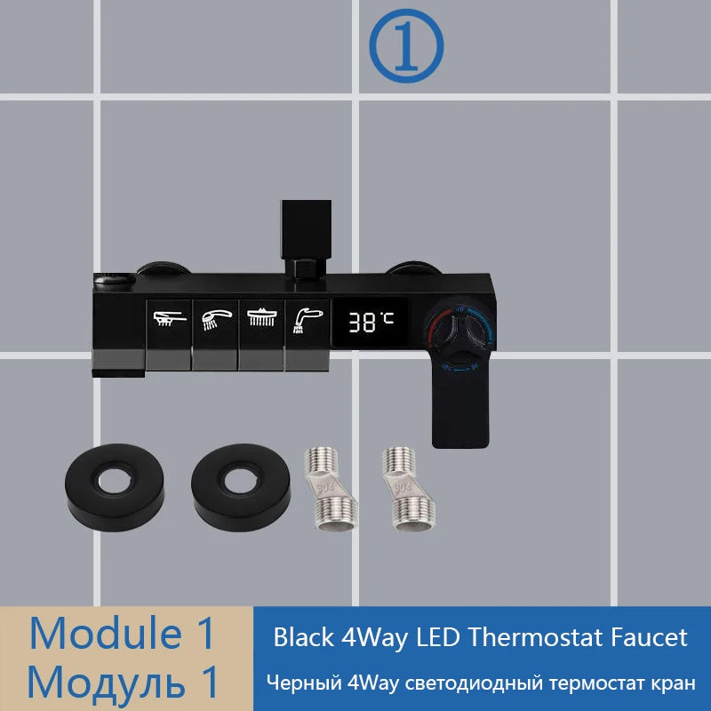 Gray Shower Set Bathroom Copper Shower System LED Digital Display Temperature Bathtub Shower Faucet DIY Shower Accessories Sets