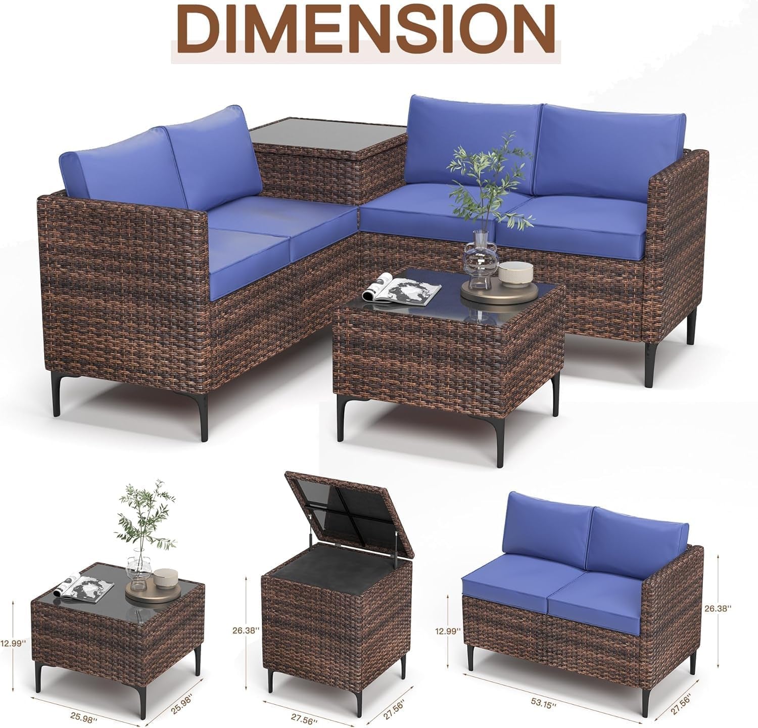 Outdoor Wicker Patio Conversation Set with Storage, PE Rattan Sofa