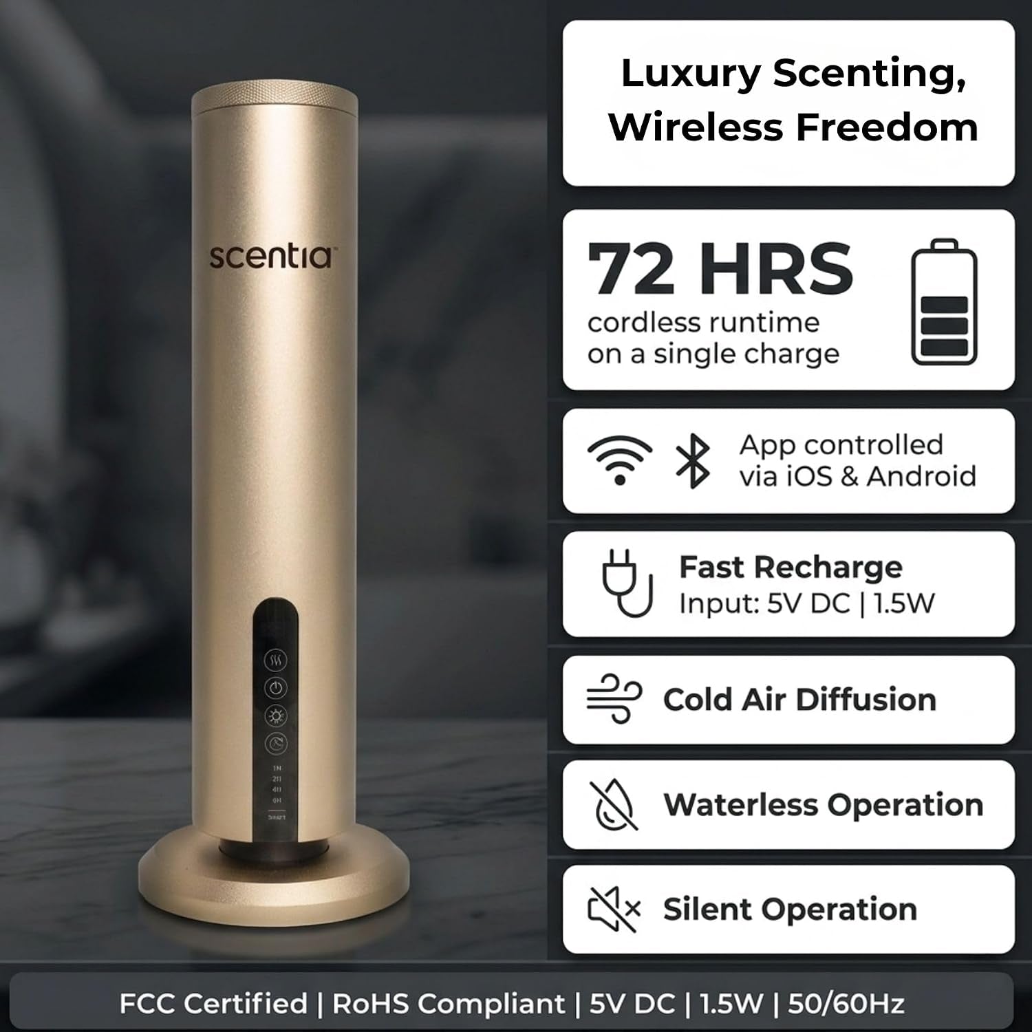 Wireless Waterless Cold-Air Scent Diffuser, App Control, 1500 Sq. Ft Gold
