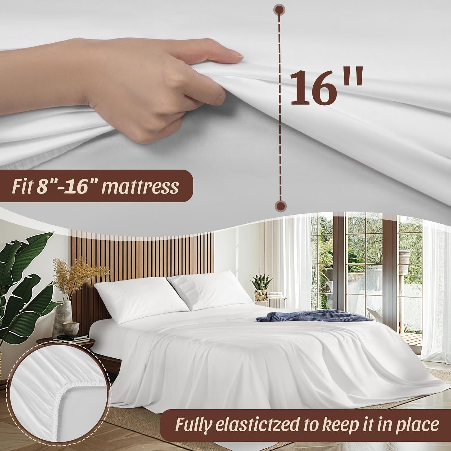 100% Cotton 1200 Thread Count Sheets Set Bedding Sets,Bed Sheet 4 Piece Sets,16 Inches Deep Pocket (White, Queen)