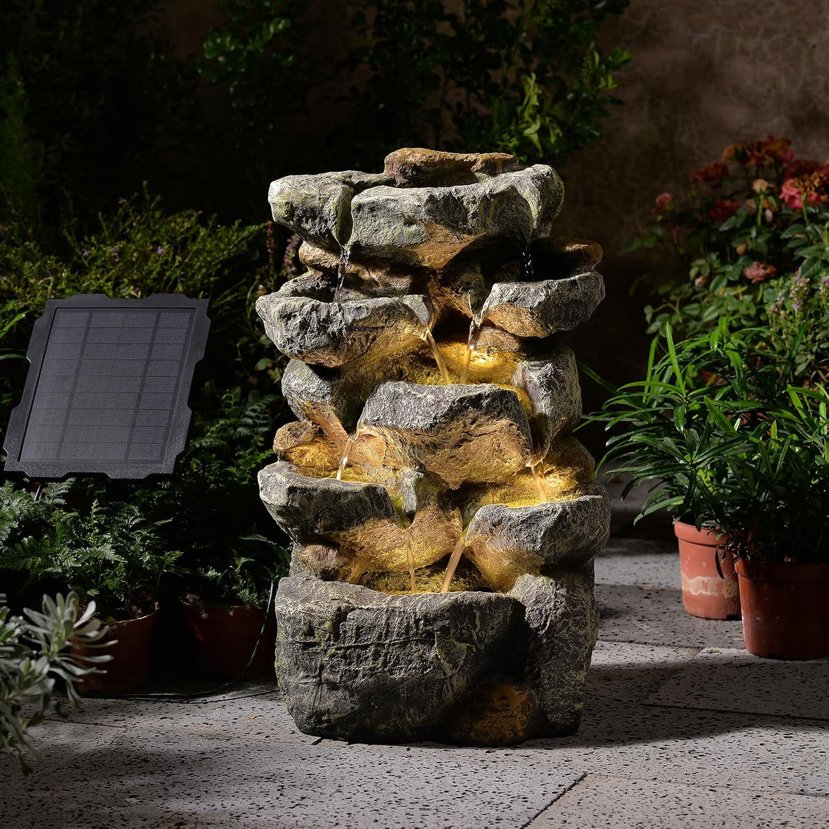 Solar Water Fountain Outdoor Garden, 24" H Cascading Stone Design 5 Tier Rock Feature Outdoor Fountains Waterfalls with Light, Pump Solar Panel for Patio, Deck, Porch, Backyard Home Décor