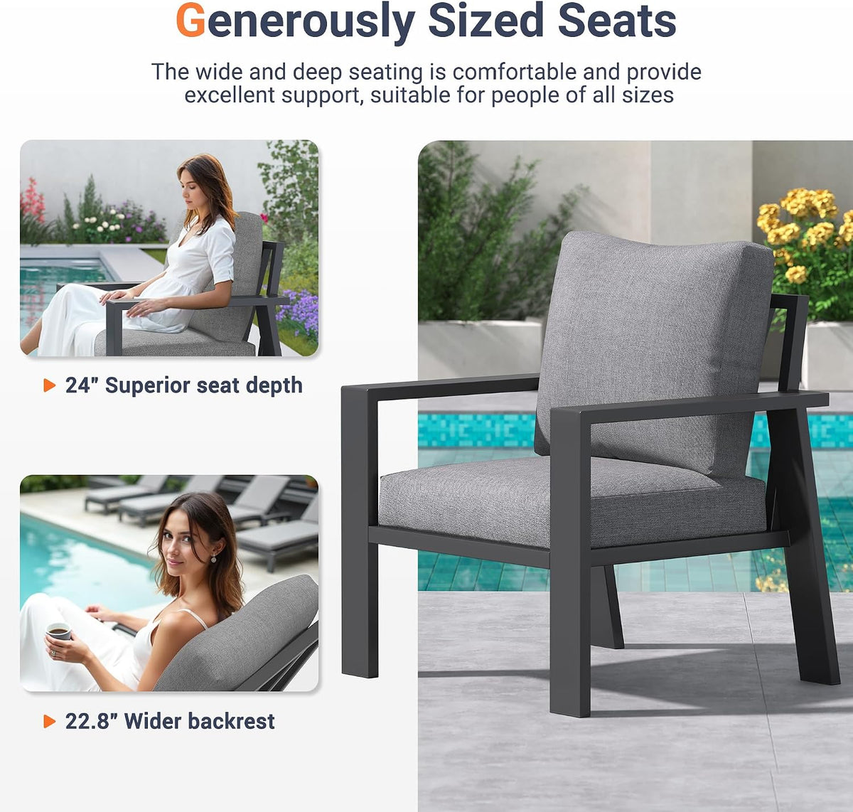 Aluminum Outdoor Patio Furniture Set 5 Pieces Metal Conversation Sets 7 Seat Sectional Sofa Modern Seating Set with Coffee Table for Outdoor Garden Backyard, Dark Grey