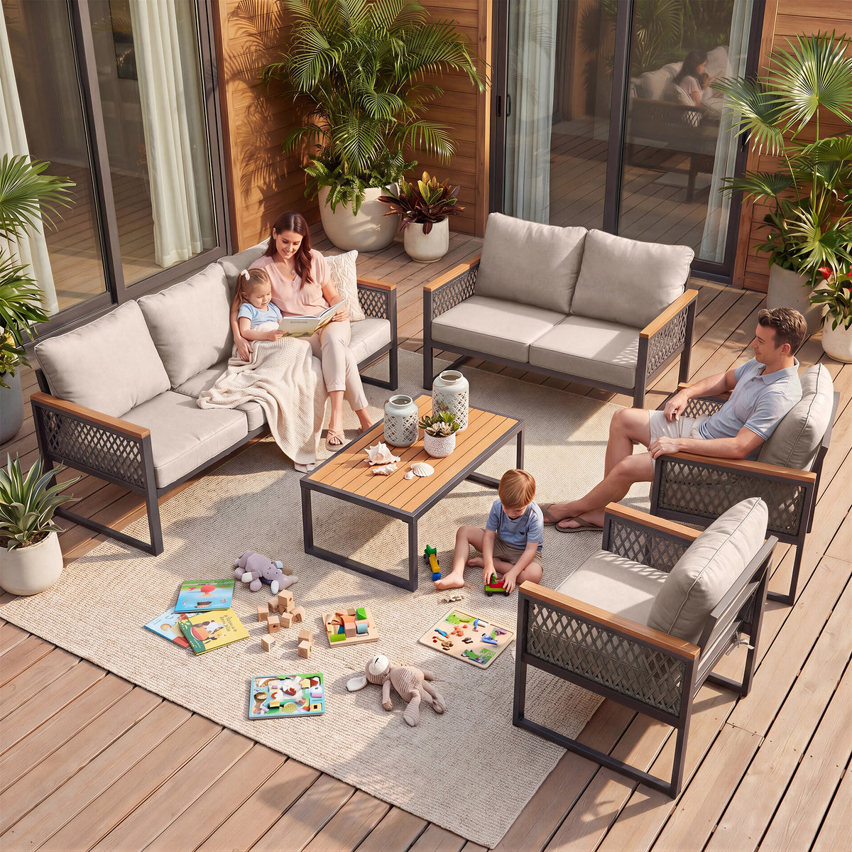 5 -Piece Patio Conversation Set with Beige Cushions Included