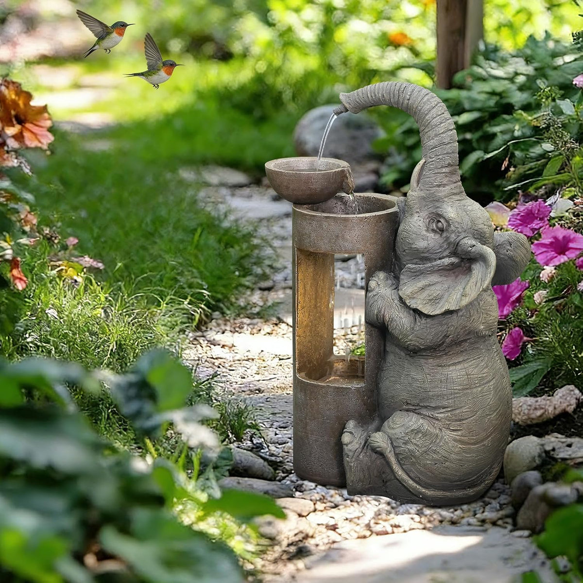 Elephant Waterfall Fountain for Indoor Desktop & Outdoor Use Small Garden Water Feature with LED Light Quiet Mini Cute Table Water Fountains for Patio, Yard, Home Decor
