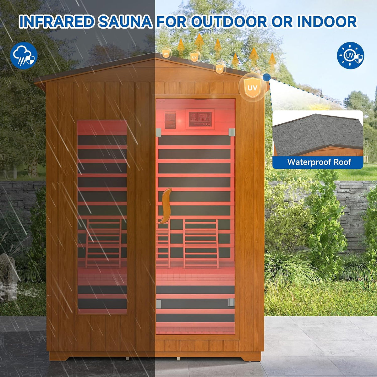 3 Person Outdoor Sauna, Low EMF Infrared Sauna, 7-Color Therapy