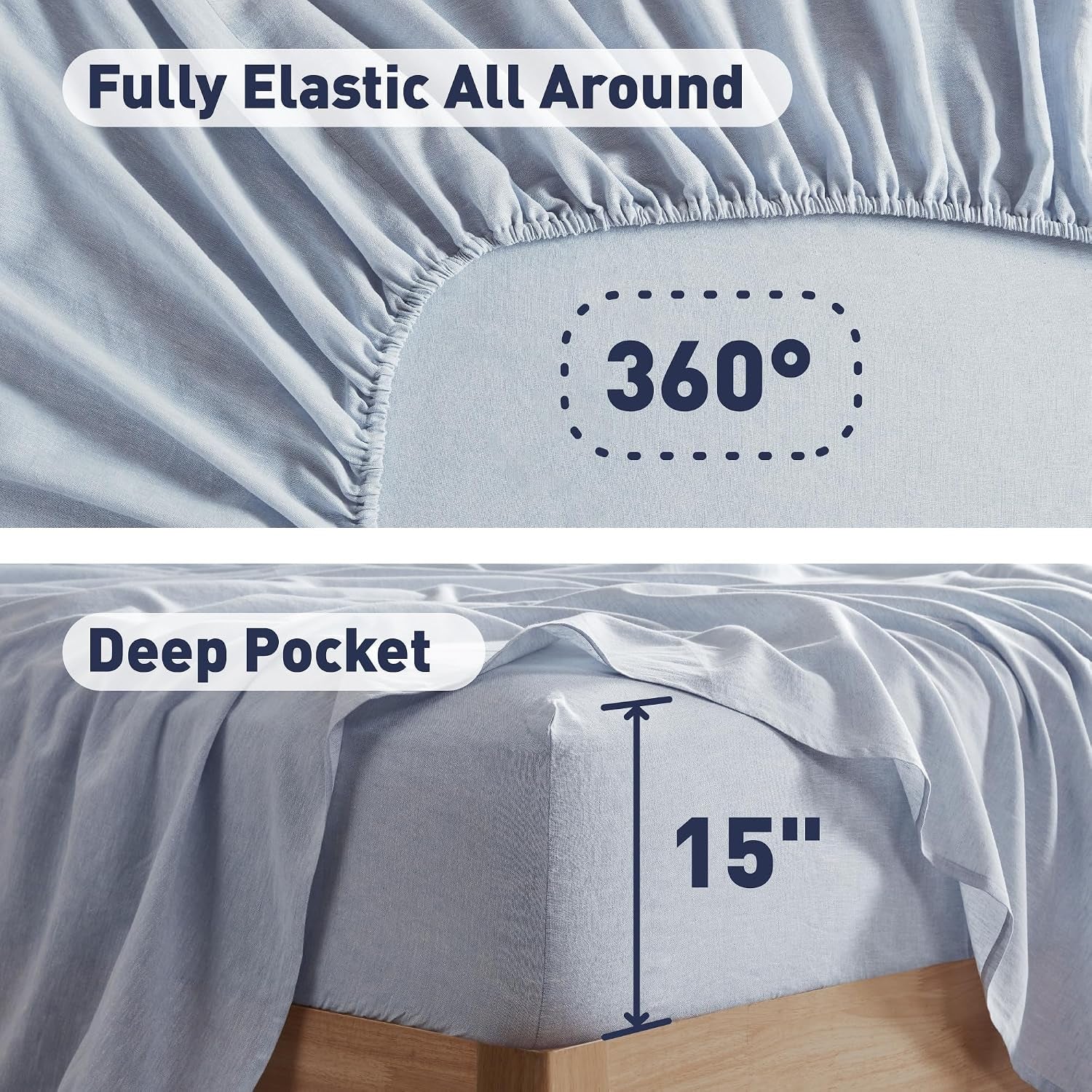 Luxurious Linen Cotton Sheet Set, Organic Linen Blend Bed Sheets - 15 Inches Deep Pocket, 4 Pcs French Flax Linen Bedding Set for All Seasons (King, Blue)