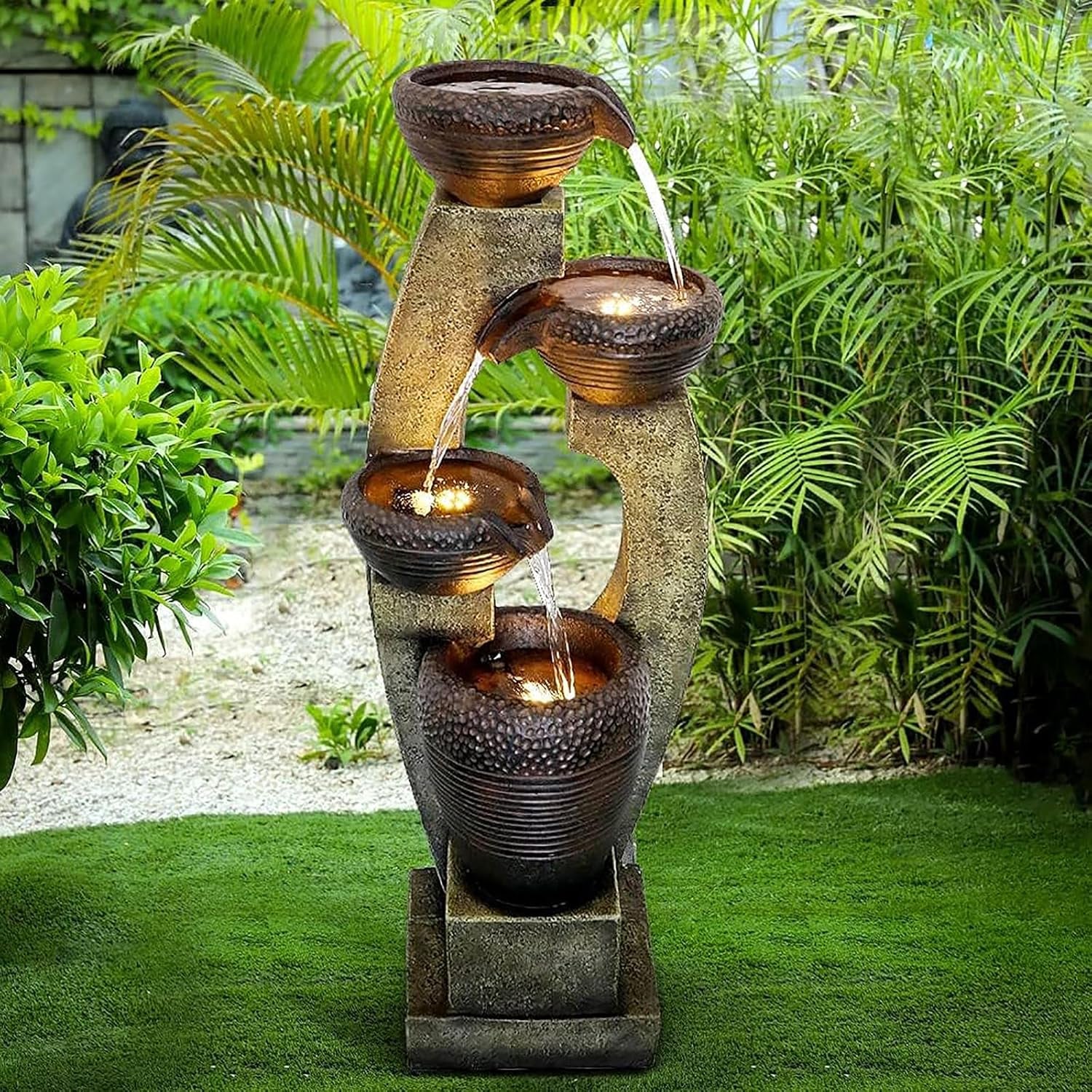 40” H Modern Outdoor Fountain - 4 Crocks Outdoor Garden Fountains with Contemporary Design&Led Light for Garden, Patio, Deck, Porch, Backyard and Home Art Decor (40In, Light Gray)