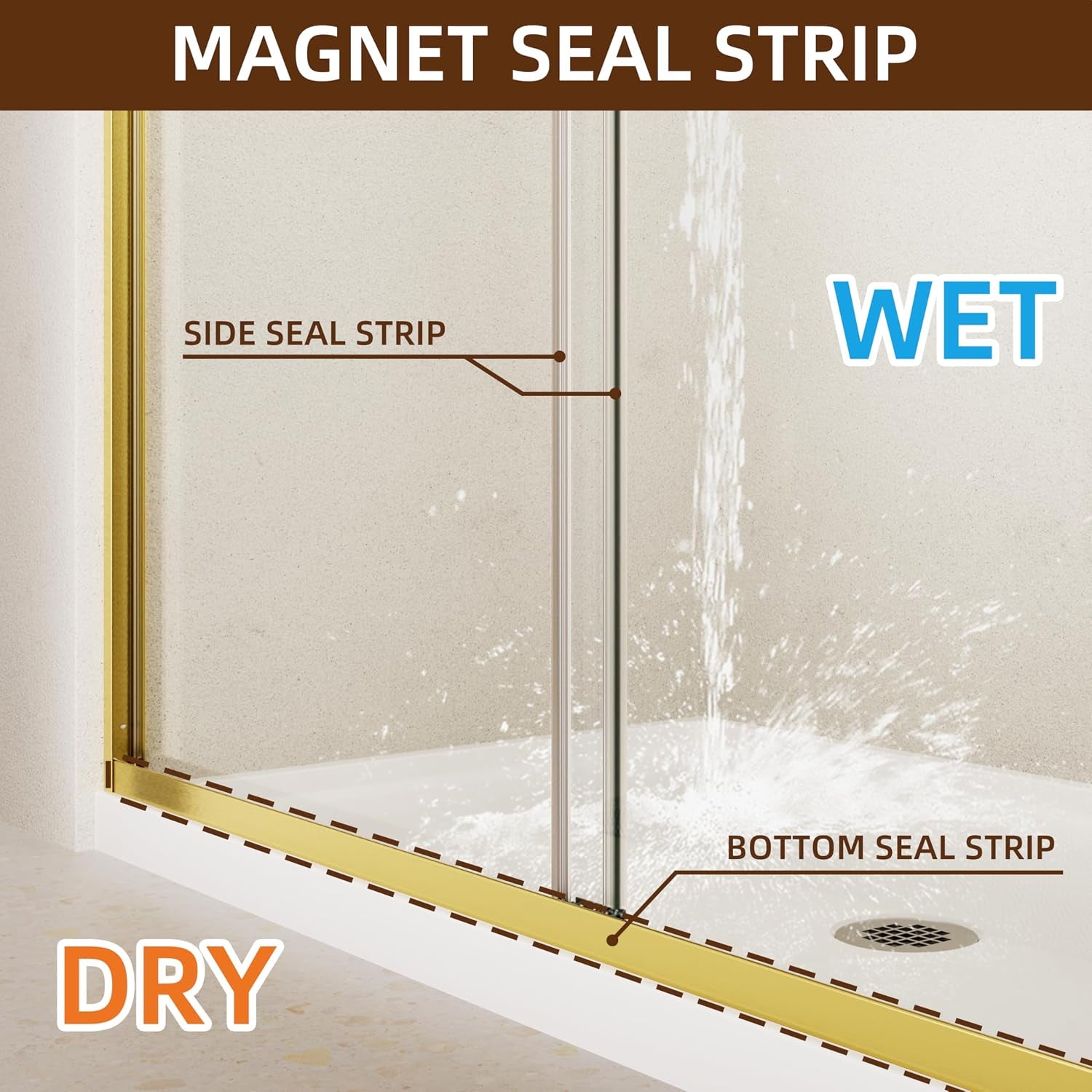 Double Sliding Shower Door,44-48" W X 70" H，Brush Gold