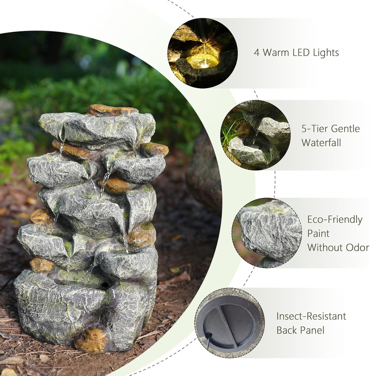 Solar Water Fountain Outdoor Garden, 24" H Cascading Stone Design 5 Tier Rock Feature Outdoor Fountains Waterfalls with Light, Pump Solar Panel for Patio, Deck, Porch, Backyard Home Décor