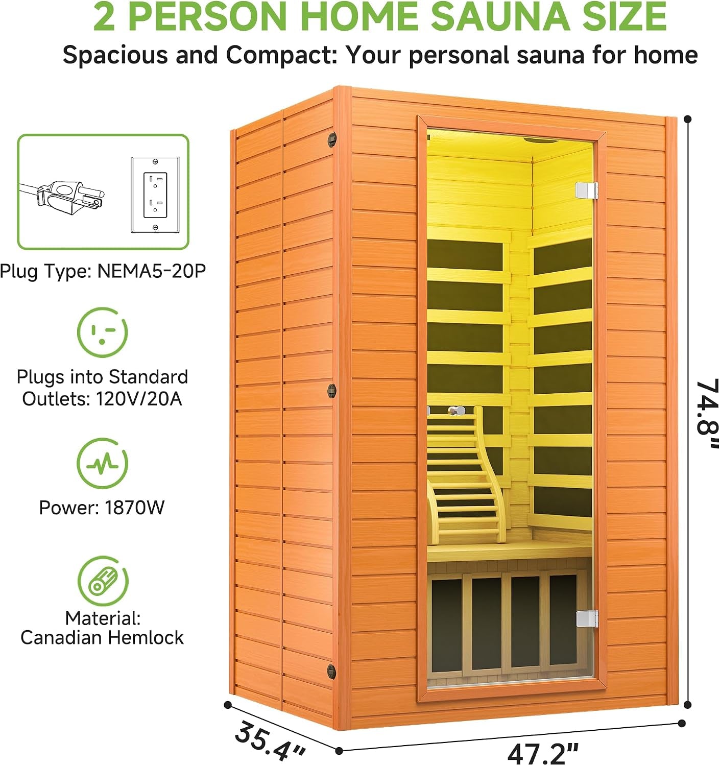 Sauna 2 Person Low EMF FAR Infrared Sauna with Red Light Therapy