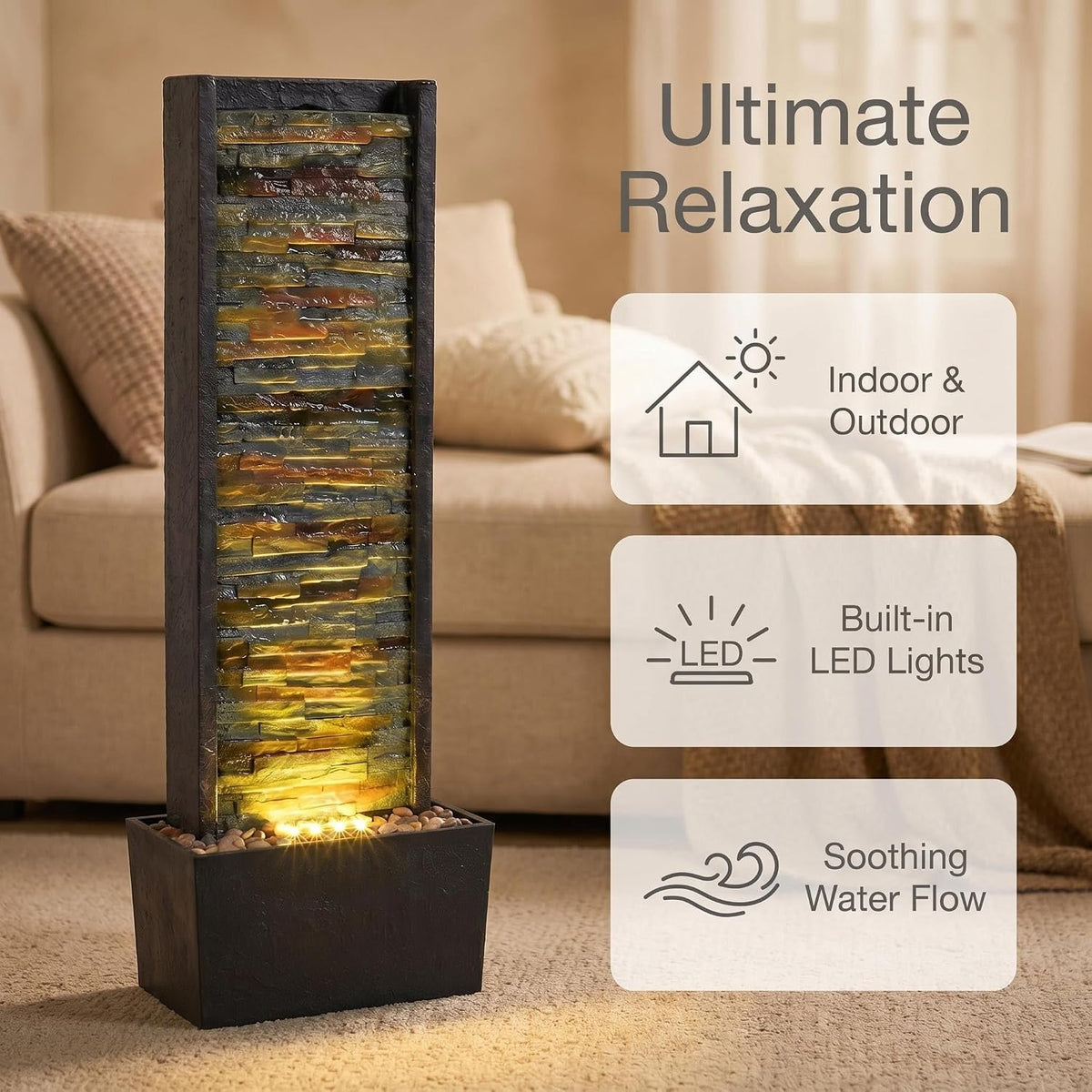 38 Inch Tall Indoor Water Fountain, Staggered Stone Wall Waterfall Fountain with LED Lights, Relaxing Ambience Water Feature for Living Room Bedroom Office Garden Yard, Home Decor