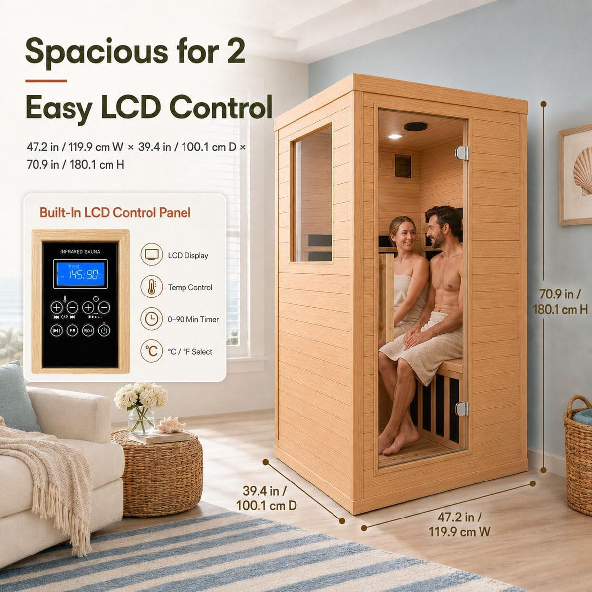 Far Infrared Sauna 2 Person for Home, Hemlock Wood Double Sauna with Side Door, 110V 2000W 8 Mica Heating Panels, Bluetooth FM, 6Mm Tempered Glass, LCD Controller, Home Spa Dry Sauna Room