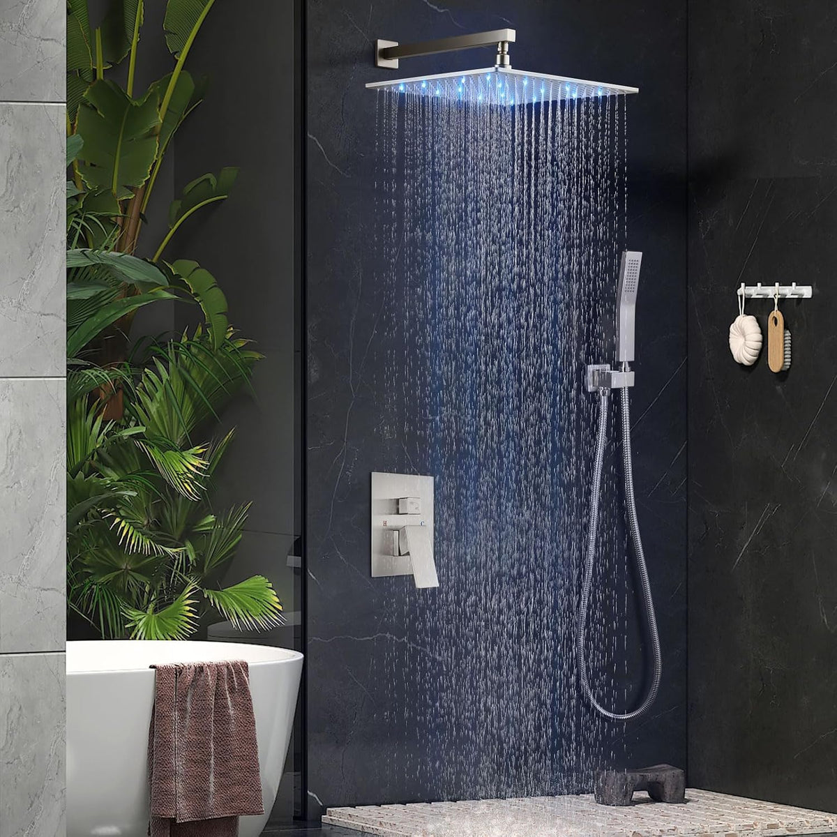 Shower Faucet Set with Valve Handheld 16" LED Head Brushed Nickel