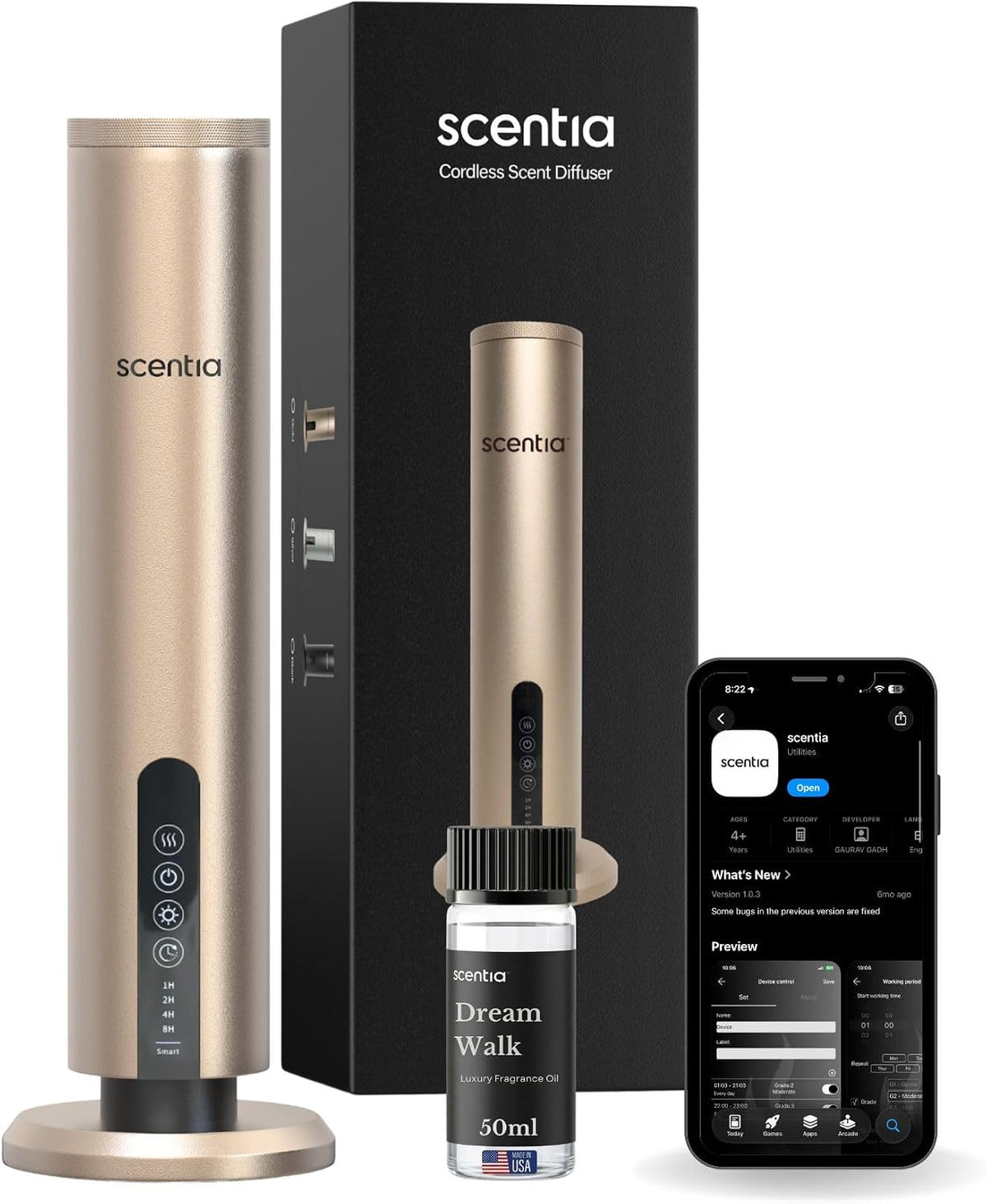 Wireless Waterless Cold-Air Scent Diffuser, App Control, 1500 Sq. Ft Gold