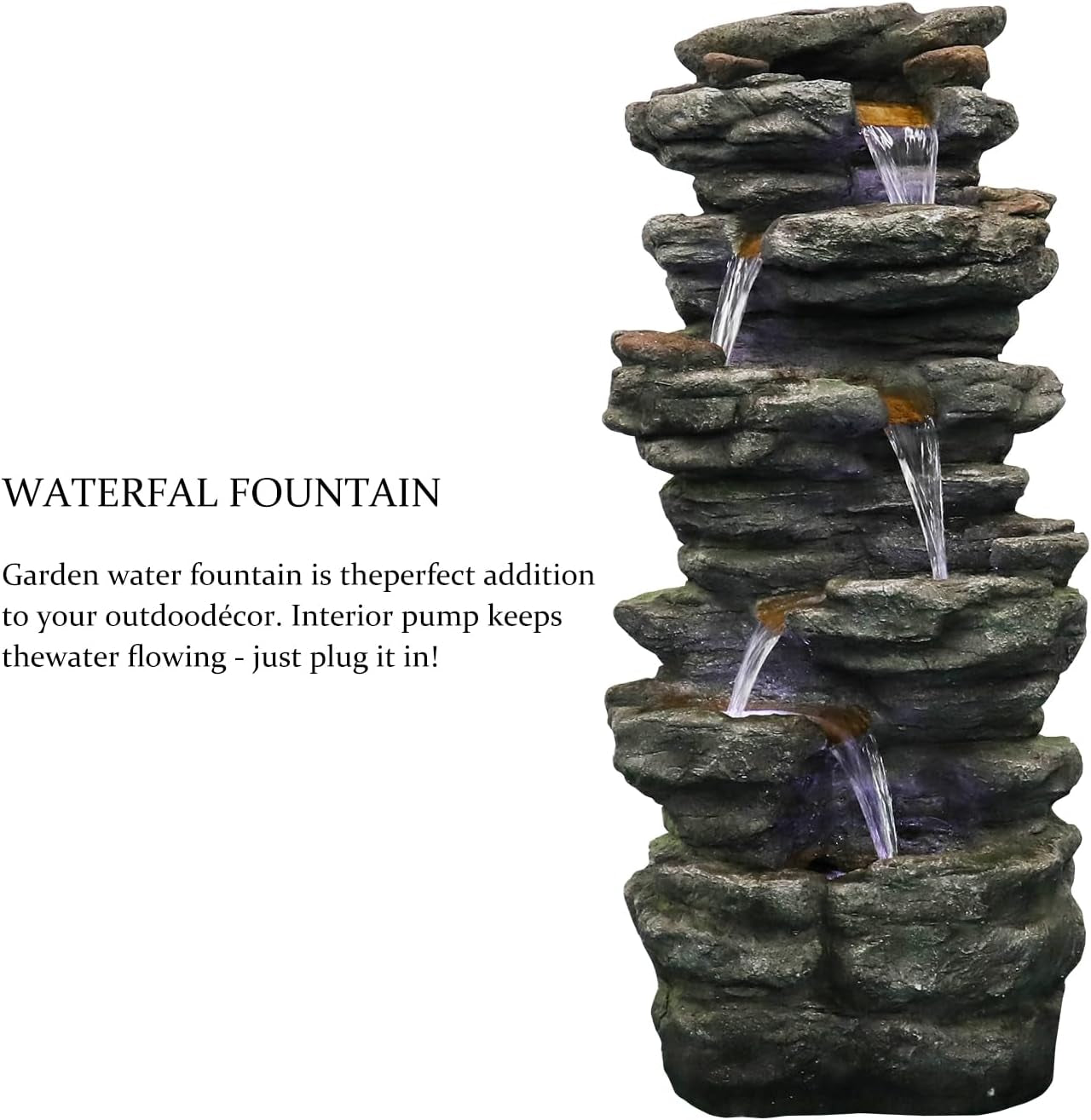 40" High 6-Tiers Cascading Rock Outdoor Water Fountain with LED Lights - Large Outdoor Fountains and Waterfalls for Garden or Patio, Yard, and Deck Decor, Featuring Natural Stone Look