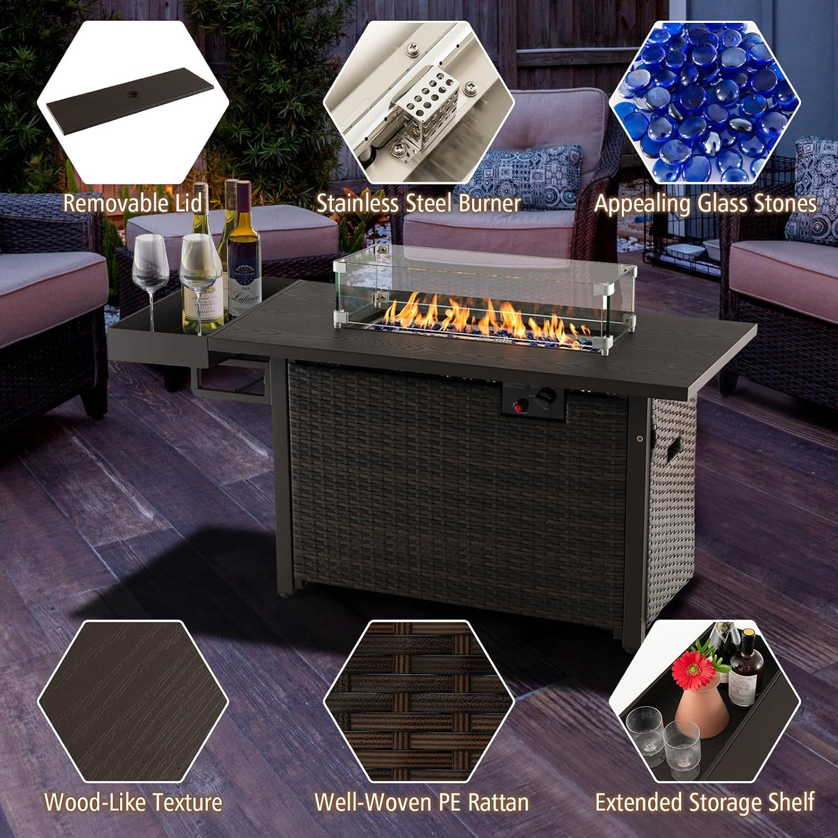 Patio Propane Fire Pit Table, 52 Inch Wicker Gas Fire Pit with Wind Guard & Extended Shelf, 50,000 BTU Heat Output, Rectangular Fire Table with Blue Fire Stone & Waterproof Cover (Brown)