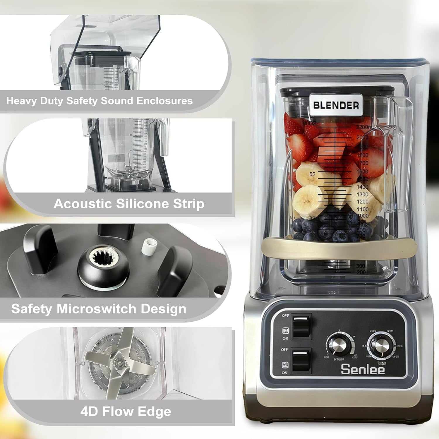 2200W Commercial Blender Quiet Shield Self-Cleaning Ice Crush 80Oz Pitcher