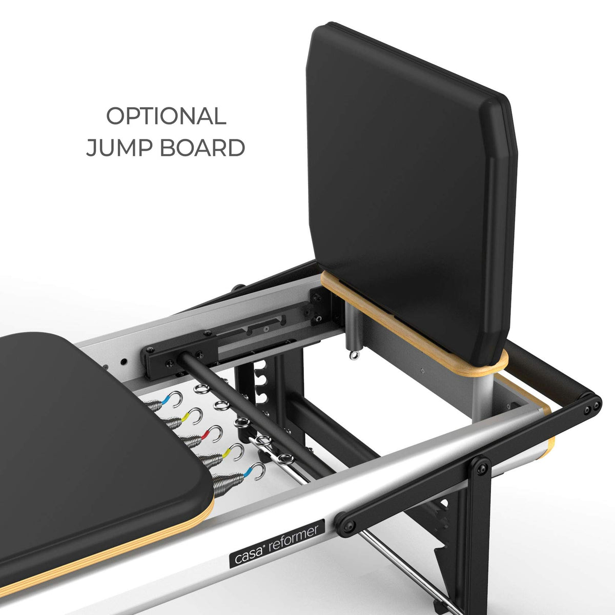 Close-up of rear mechanism showing optional jump board attachment standing vertically with color-coded springs and hardware