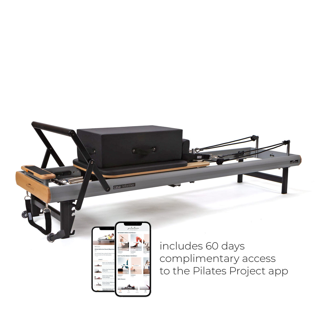 Grey and wood Peak Pilates casa Reformer with black long/short box, smartphones showing the app interface overlay