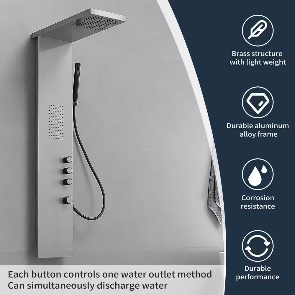 1-Jet Rainfall Shower Tower Shower Panel System with Rainfall Waterfall Shower Head and Shower Wand in Brushed Nickel