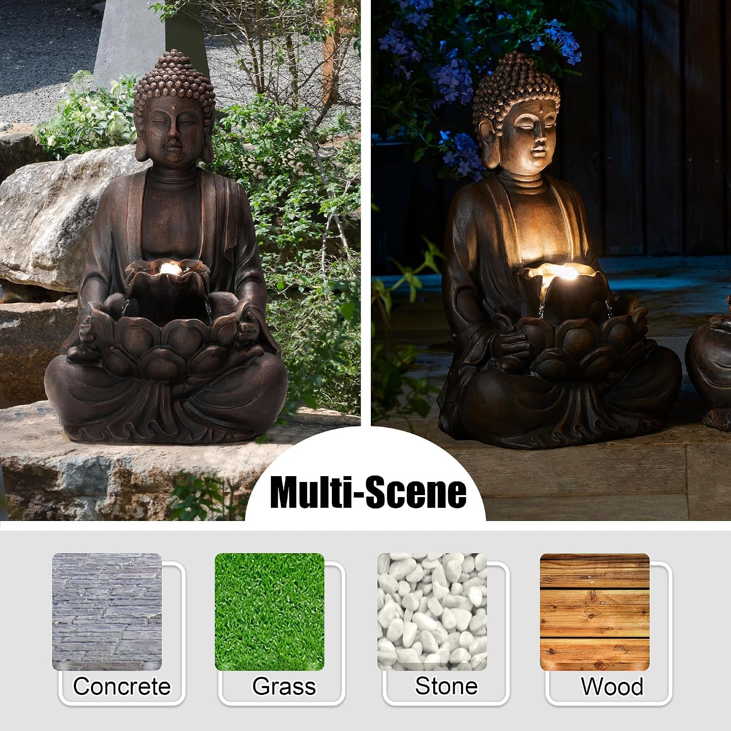 Buddha Fountain with Pump & LED Light, 2 Tier Zen Style Meditating Buddha Water Fountain Outdoor Fountains and Waterfalls Floor Fountains Buddhas Statues for Garden Patio Backyard 23.25" H