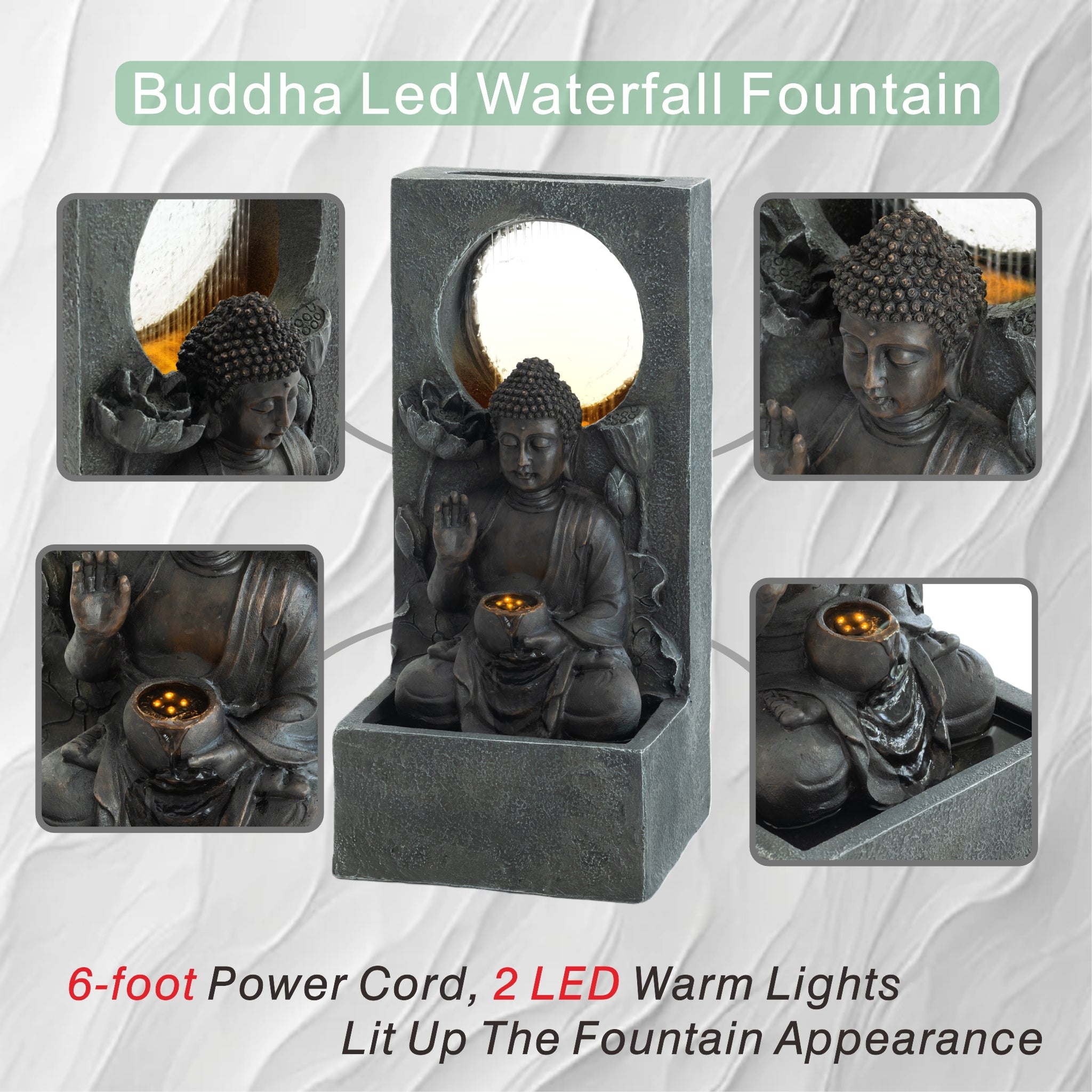 Resin Buddha Wall Panel Outdoor Fountain 28 Inch LED