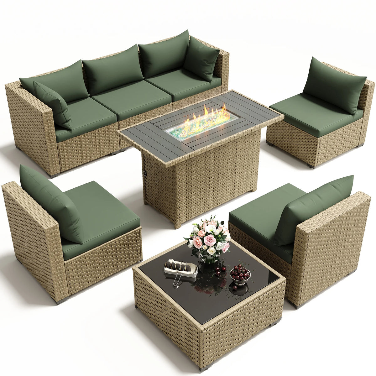 Outdoor Patio Furniture Set with Fire Pit Table, 8 Piece Outdoor Sectional Sofas, All-Weather Wicker Patio Conversation Set for Garden, Green