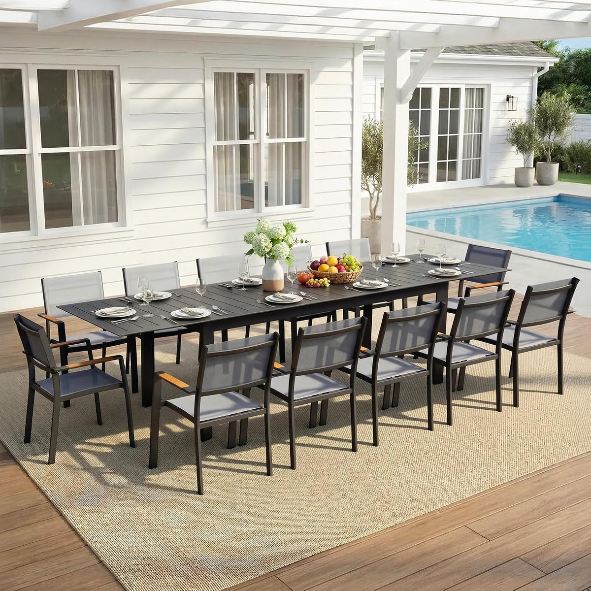 Aluminum Outdoor Patio Table and Chairs Set with 121" L-81 L Expandable Dining Table, 13-Pieces Outdoor Dining Set for 12, Patio Furniture Set with Stackable Quick Drying Chairs, Grey