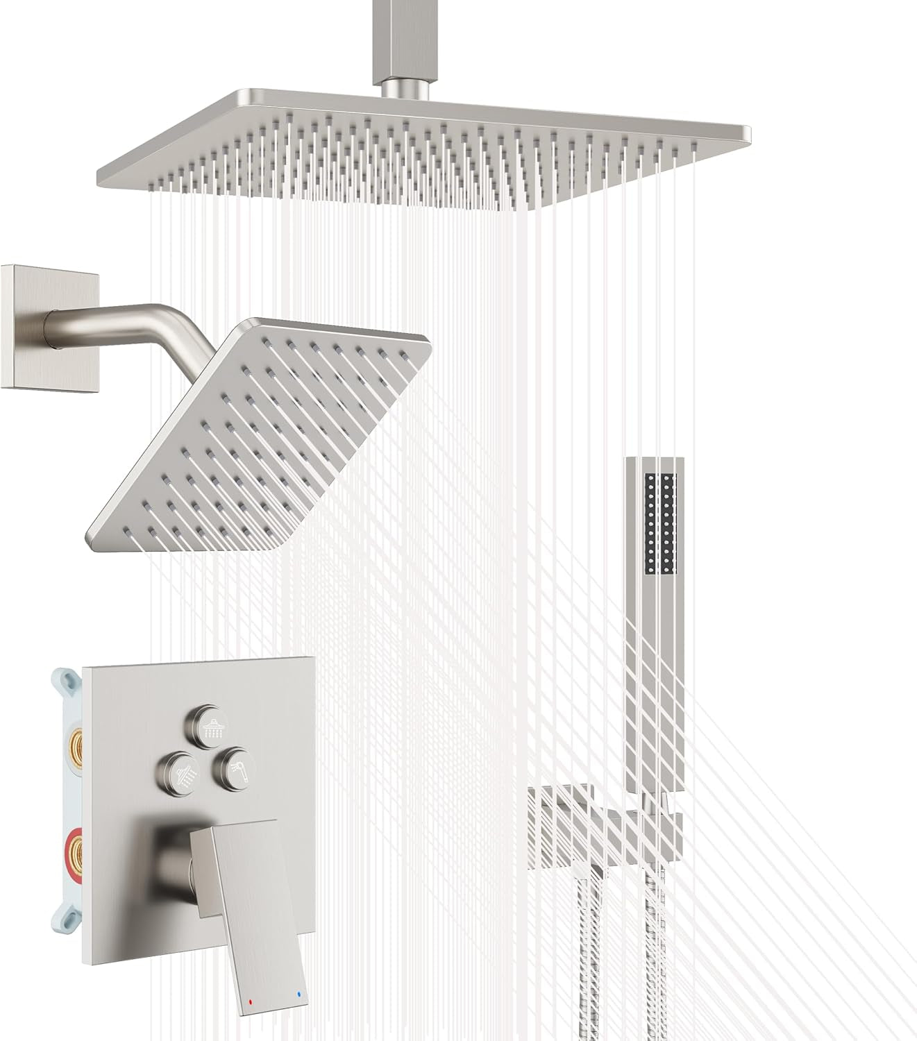 Brushed Nickel Shower System, Dual Shower Head Combo with Handheld
