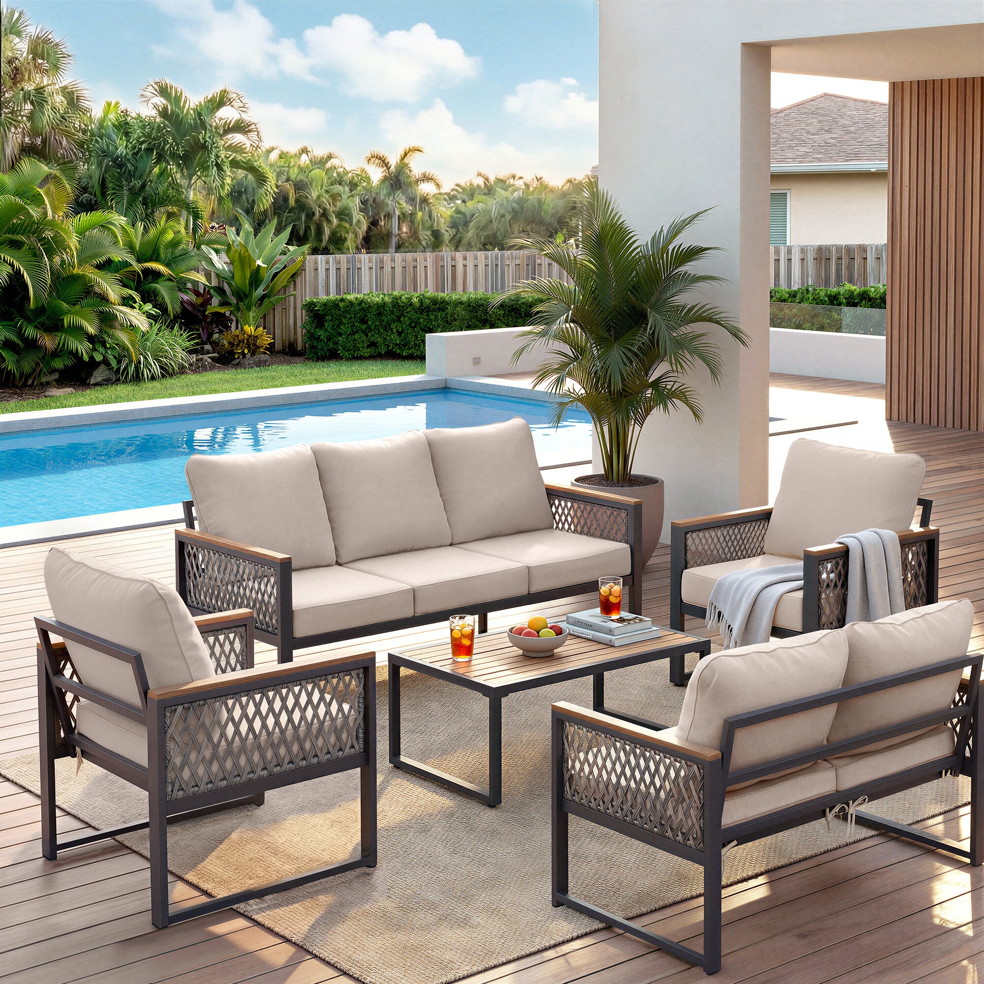 5 -Piece Patio Conversation Set with Beige Cushions Included