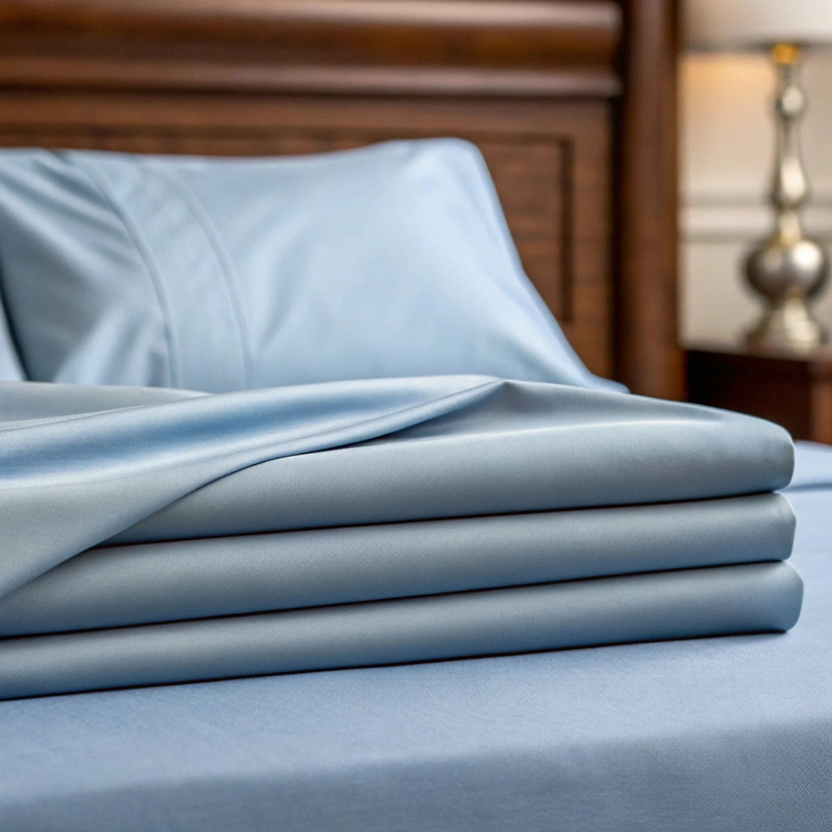Macro shot of folded light blue bamboo sheets showcasing smooth lustrous weave and sheen against dark wood headboard
