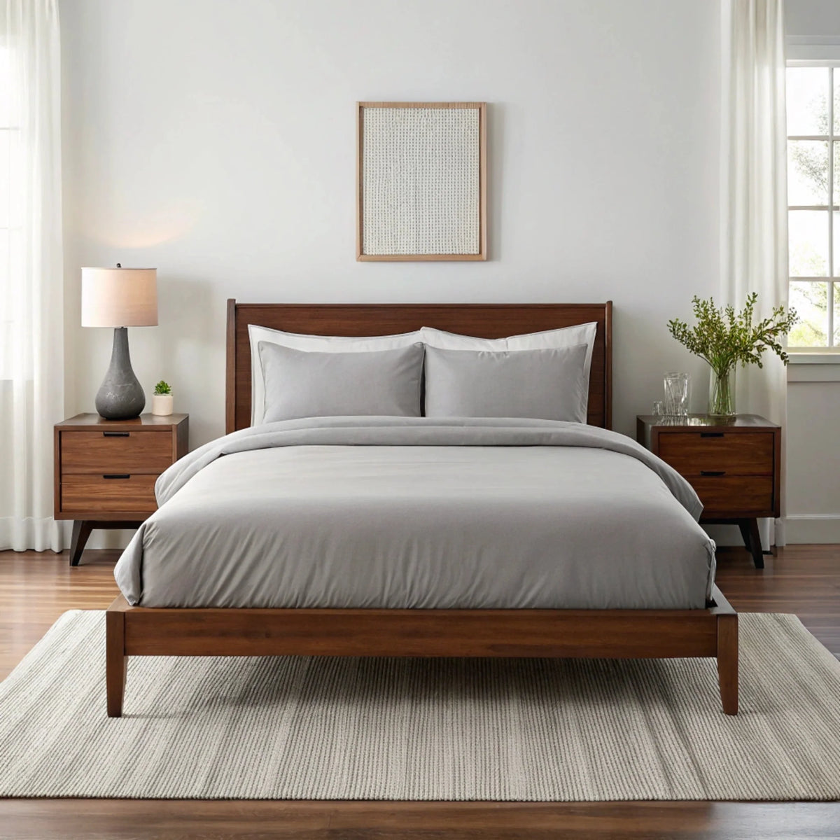 Front view of silver-grey bamboo sheet set on wooden platform bed flanked by mid-century nightstands and textured rug