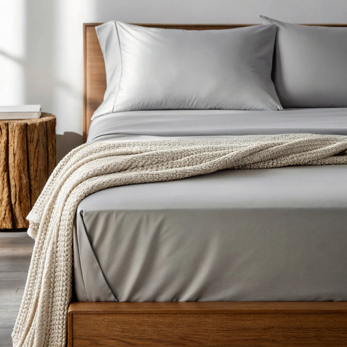 Grey bamboo sheet set tucked neatly on bed with textured cream throw blanket draped over edge near rustic wood table